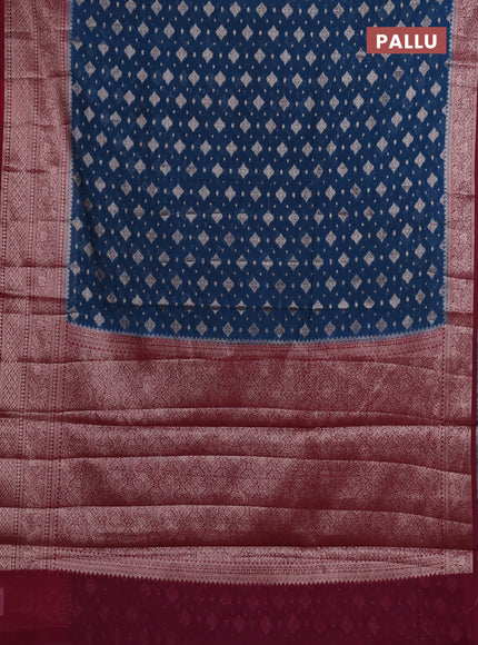 Semi chiniya silk saree peacock blue and maroon with allover thread & zari weaves and woven border