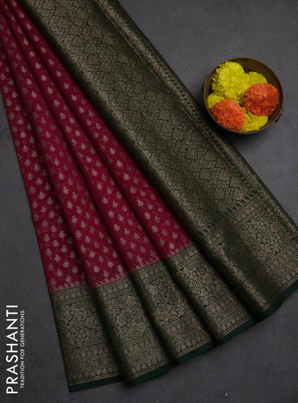Semi chiniya silk saree red and green with allover thread & zari woven buttas and woven border