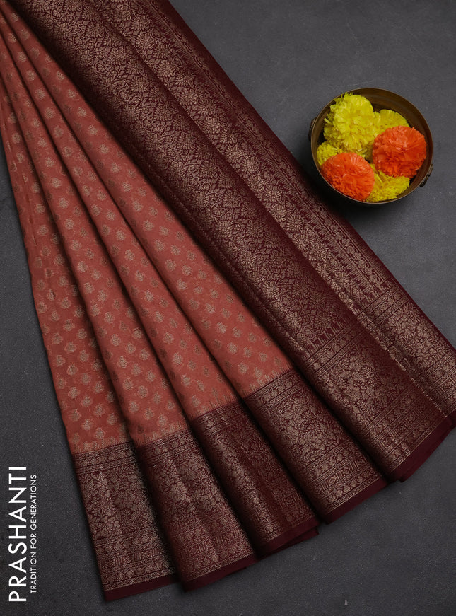 Semi chiniya silk saree dark peach and deep maroon with allover thread & zari woven buttas and woven border