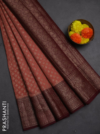 Semi chiniya silk saree dark peach and deep maroon with allover thread & zari woven buttas and woven border