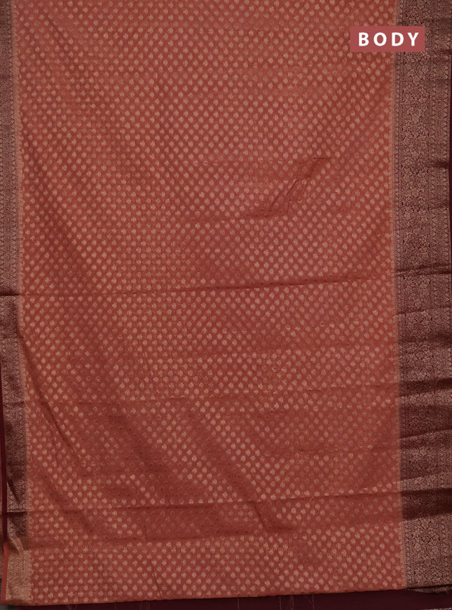 Semi chiniya silk saree dark peach and deep maroon with allover thread & zari woven buttas and woven border