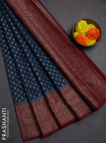 Semi chiniya silk saree peacock blue and wine shade with allover thread & zari woven buttas and woven border