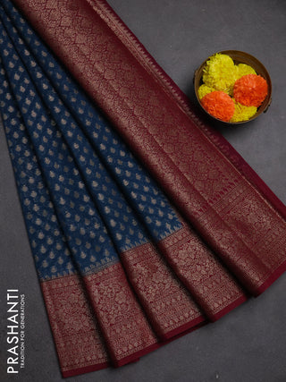 Semi chiniya silk saree peacock blue and wine shade with allover thread & zari woven buttas and woven border
