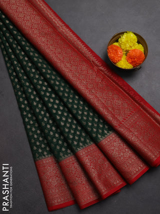 Semi chiniya silk saree dark green and red with allover thread & zari woven buttas and woven border
