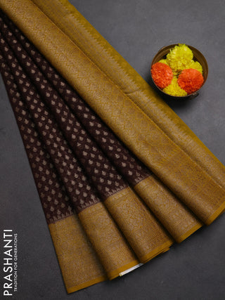 Semi chiniya silk saree coffee brown and dark mustard with allover thread & zari woven buttas and woven border