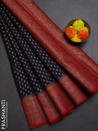 Semi chiniya silk saree navy blue and red with allover thread & zari woven buttas and woven border