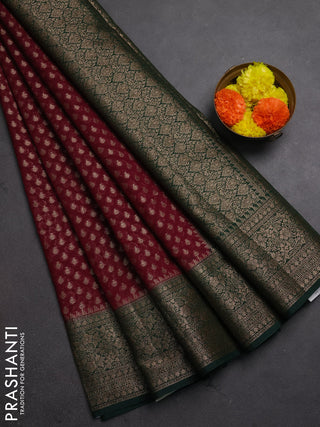 Semi chiniya silk saree wine shade and bottle green with allover thread & zari woven buttas and woven border