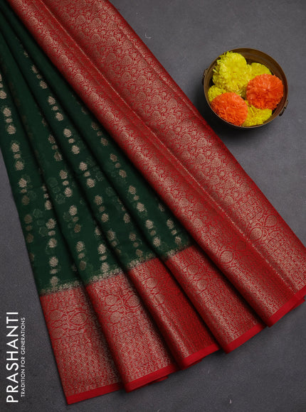 Semi chiniya silk saree bottle green and red with allover thread & zari woven buttas and woven border