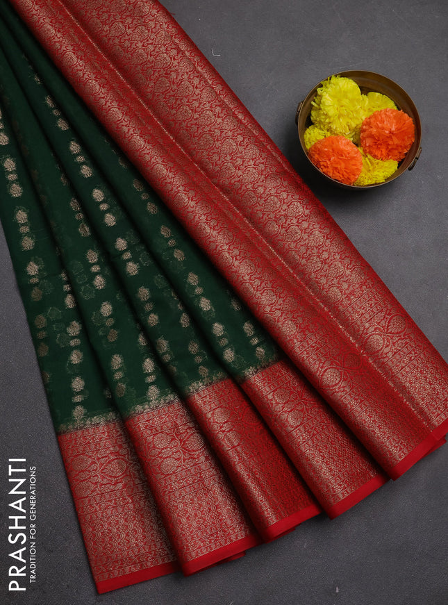 Semi chiniya silk saree bottle green and red with allover thread & zari woven buttas and woven border