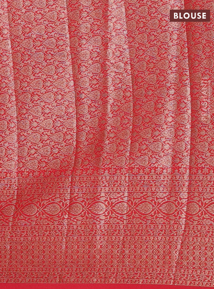 Semi chiniya silk saree bottle green and red with allover thread & zari woven buttas and woven border