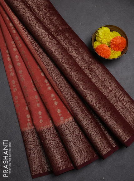 Semi chiniya silk saree dark peach and deep maroon with allover thread & zari woven buttas and woven border