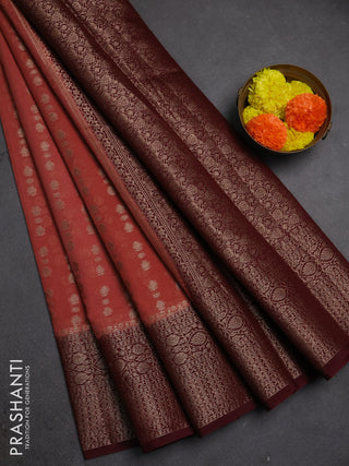 Semi chiniya silk saree dark peach and deep maroon with allover thread & zari woven buttas and woven border