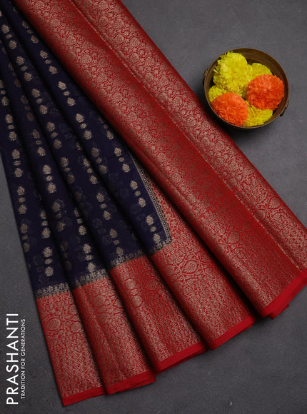 Semi chiniya silk saree navy blue and red with allover thread & zari woven buttas and woven border