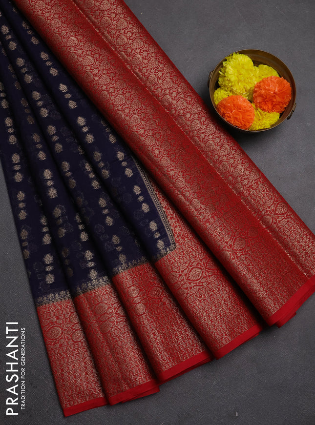 Semi chiniya silk saree navy blue and red with allover thread & zari woven buttas and woven border