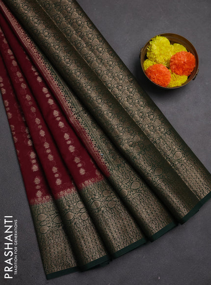Semi chiniya silk saree deep maroon and bottle green with allover thread & zari woven buttas and woven border
