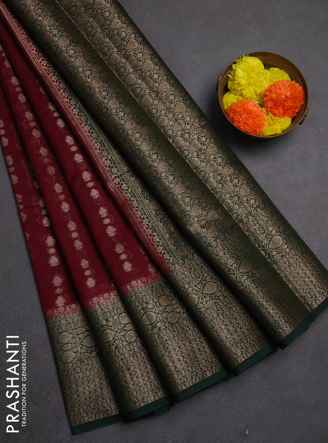 Semi chiniya silk saree deep maroon and bottle green with allover thread & zari woven buttas and woven border