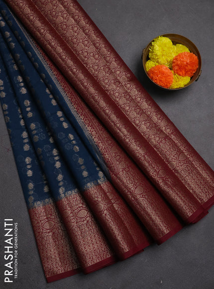 Semi chiniya silk saree peacock blue and wine shade with allover thread & zari woven buttas and woven border