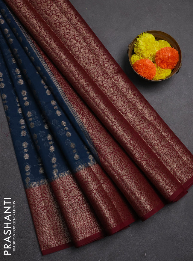 Semi chiniya silk saree peacock blue and wine shade with allover thread & zari woven buttas and woven border