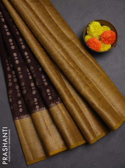 Semi chiniya silk saree coffee brown and dark mustard with allover thread & zari woven buttas and woven border
