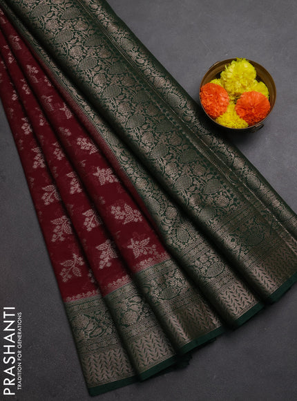Semi chiniya silk saree wine shade and bottle green with allover thread & zari woven buttas and woven border