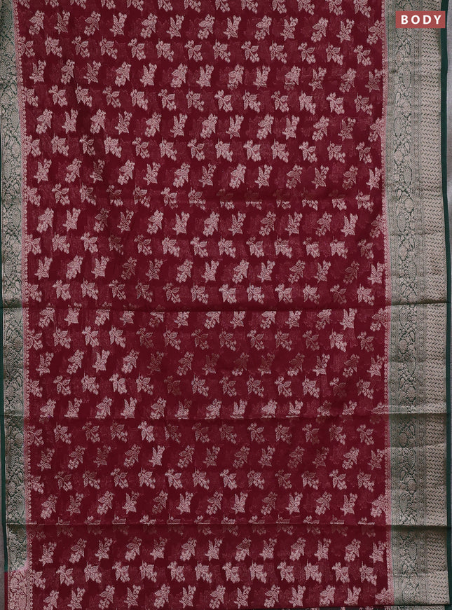 Semi chiniya silk saree wine shade and bottle green with allover thread & zari woven buttas and woven border