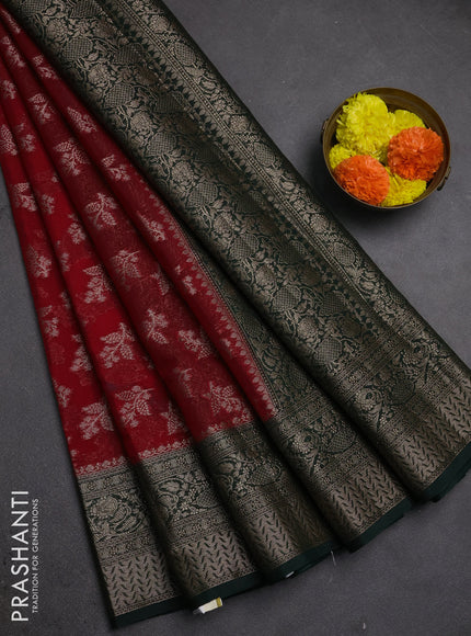 Semi chiniya silk saree red and bottle green with allover thread & zari woven buttas and woven border
