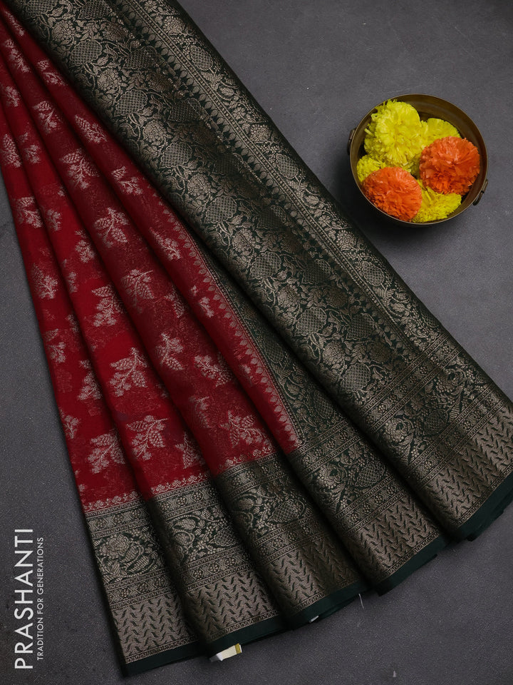Semi chiniya silk saree red and bottle green with allover thread & zari woven buttas and woven border