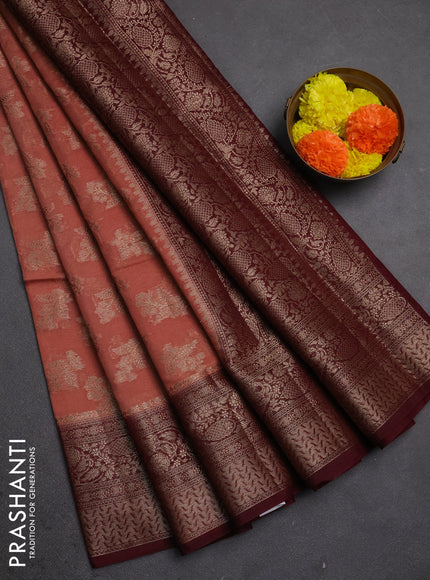 Semi chiniya silk saree dark peach and wine shade with allover thread & zari woven buttas and woven border