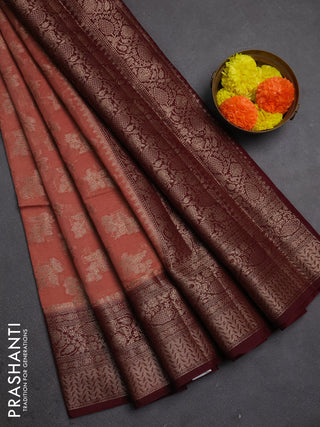 Semi chiniya silk saree dark peach and wine shade with allover thread & zari woven buttas and woven border