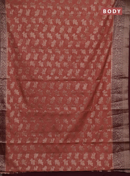 Semi chiniya silk saree dark peach and wine shade with allover thread & zari woven buttas and woven border