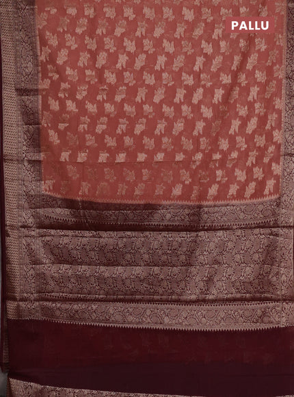Semi chiniya silk saree dark peach and wine shade with allover thread & zari woven buttas and woven border