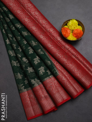 Semi chiniya silk saree bottle green and red with allover thread & zari woven buttas and woven border