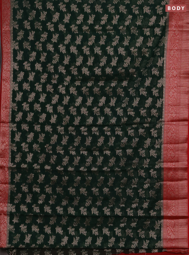 Semi chiniya silk saree bottle green and red with allover thread & zari woven buttas and woven border