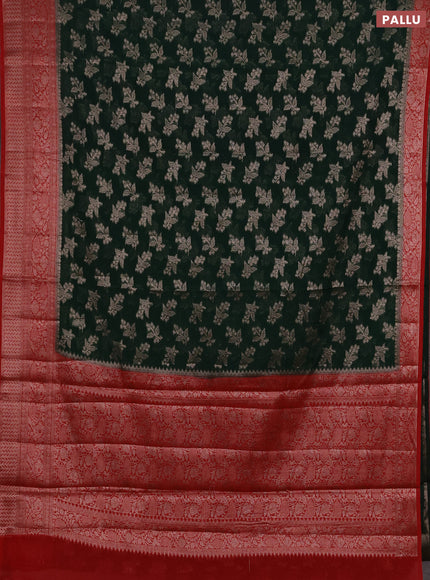 Semi chiniya silk saree bottle green and red with allover thread & zari woven buttas and woven border