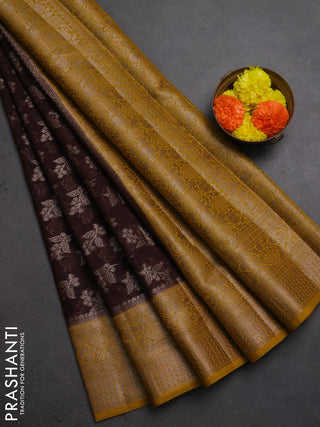 Semi chiniya silk saree coffee brown and dark mustard with allover thread & zari woven buttas and woven border