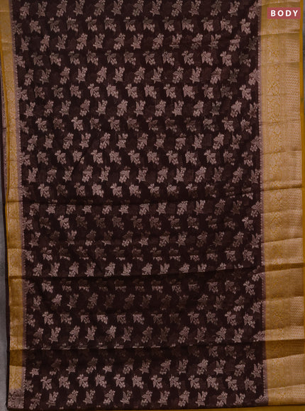Semi chiniya silk saree coffee brown and dark mustard with allover thread & zari woven buttas and woven border
