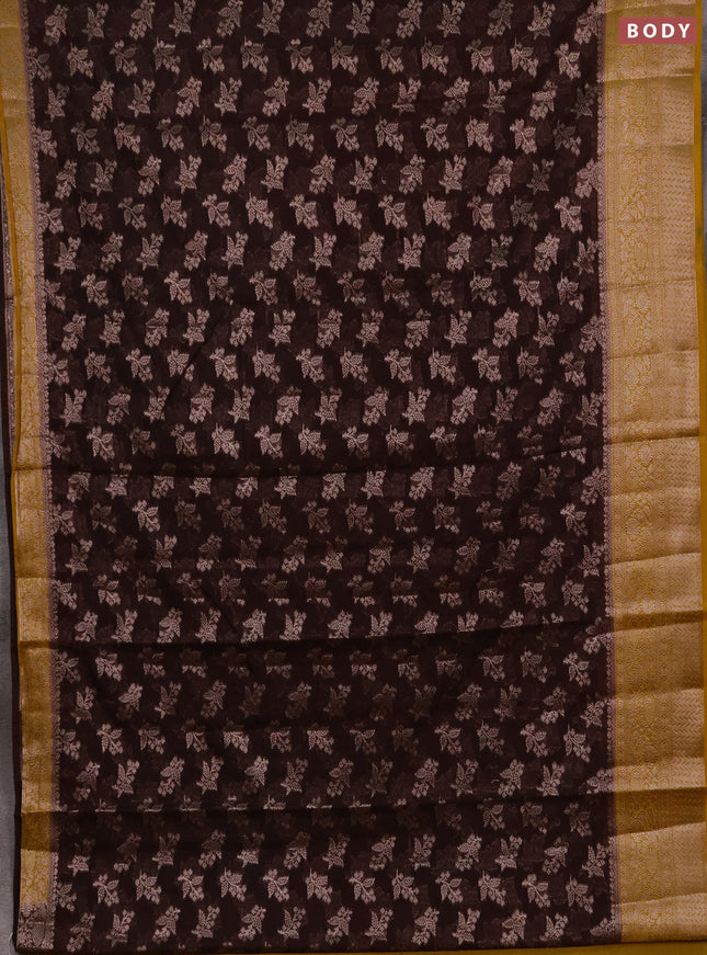 Semi chiniya silk saree coffee brown and dark mustard with allover thread & zari woven buttas and woven border