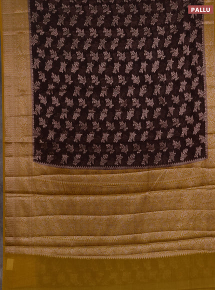 Semi chiniya silk saree coffee brown and dark mustard with allover thread & zari woven buttas and woven border