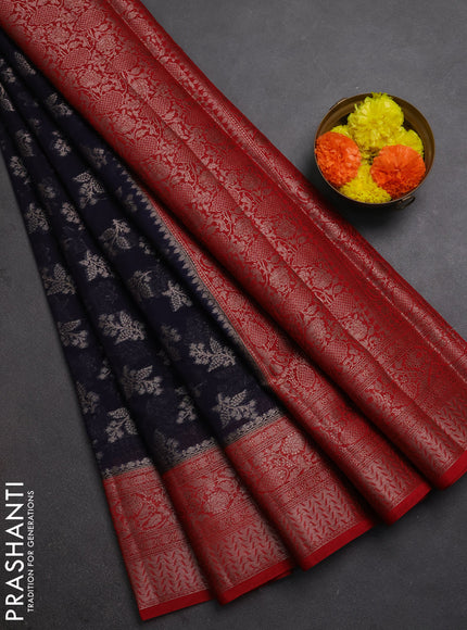 Semi chiniya silk saree dark blue and red with allover thread & zari woven buttas and woven border