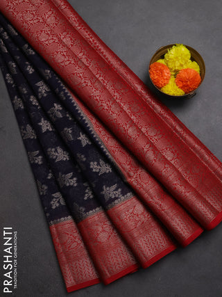 Semi chiniya silk saree dark blue and red with allover thread & zari woven buttas and woven border