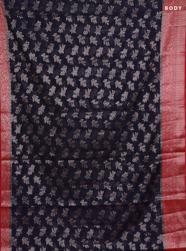 Semi chiniya silk saree dark blue and red with allover thread & zari woven buttas and woven border