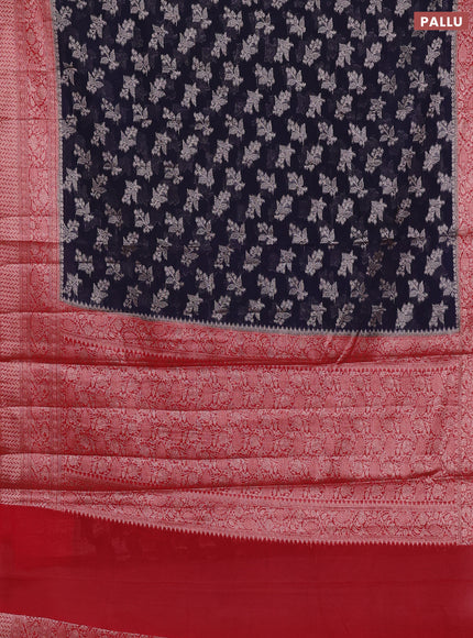 Semi chiniya silk saree dark blue and red with allover thread & zari woven buttas and woven border