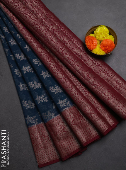 Semi chiniya silk saree peacock blue and wine shade with allover thread & zari woven buttas and woven border