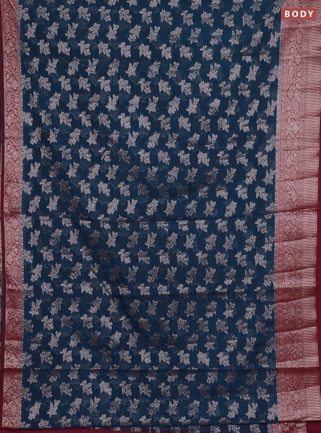 Semi chiniya silk saree peacock blue and wine shade with allover thread & zari woven buttas and woven border