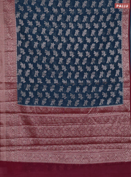 Semi chiniya silk saree peacock blue and wine shade with allover thread & zari woven buttas and woven border