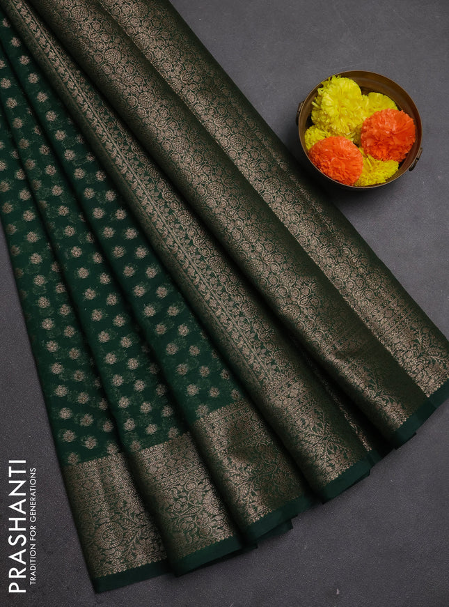 Semi chiniya silk saree dark green with allover thread & zari woven buttas and woven border