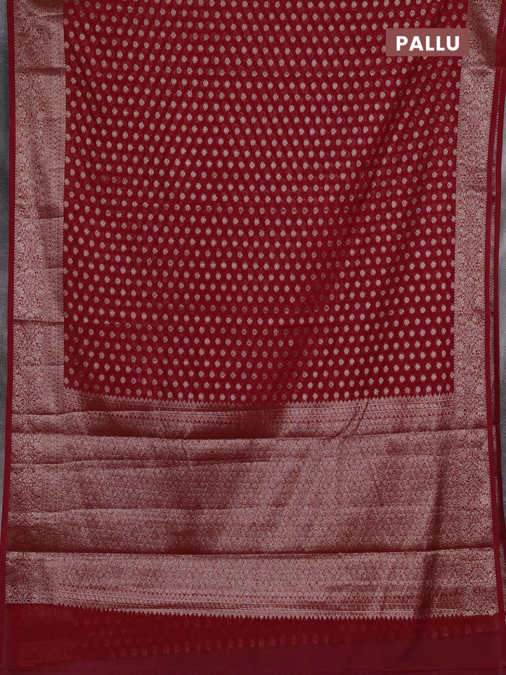 Semi chiniya silk saree red with allover thread & zari woven buttas and woven border