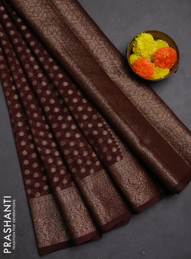 Semi chiniya silk saree brown with allover thread & zari woven buttas and woven border
