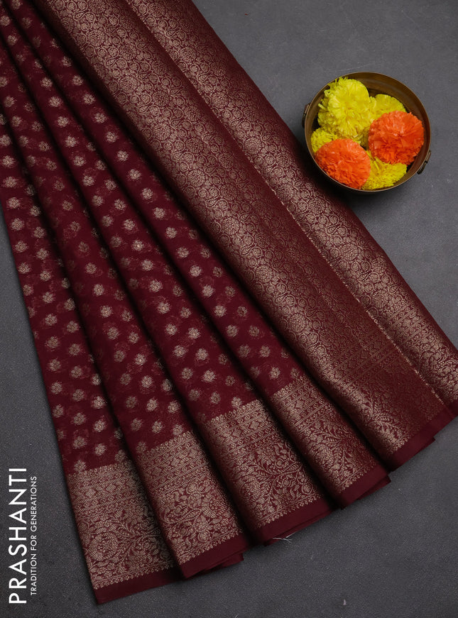 Semi chiniya silk saree wine shade with allover thread & zari woven buttas and woven border