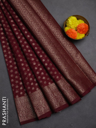 Semi chiniya silk saree wine shade with allover thread & zari woven buttas and woven border